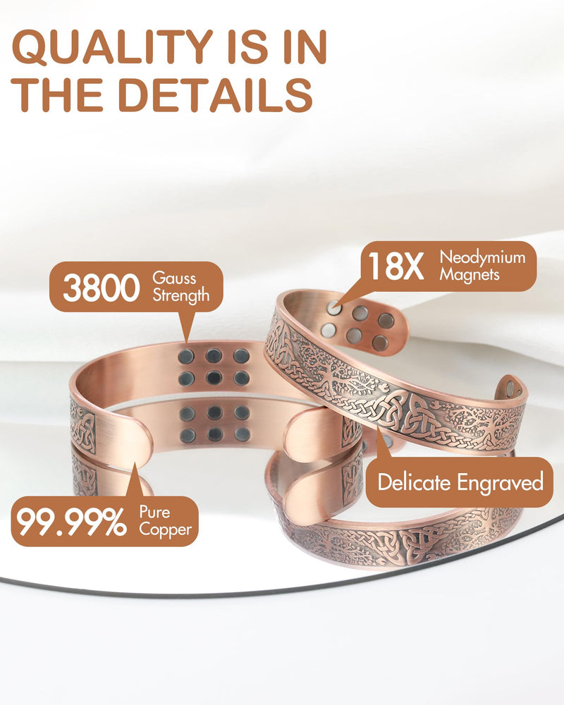 [Australia] - Feraco Copper Magnetic Bracelets for Men Women with Neodymium Magnets, Tree of Life Pattern, 99.99% Pure Solid Copper Cuff Bangle, Health Jewelry Gift 6.97 Inches 18X Copper Life Tree 