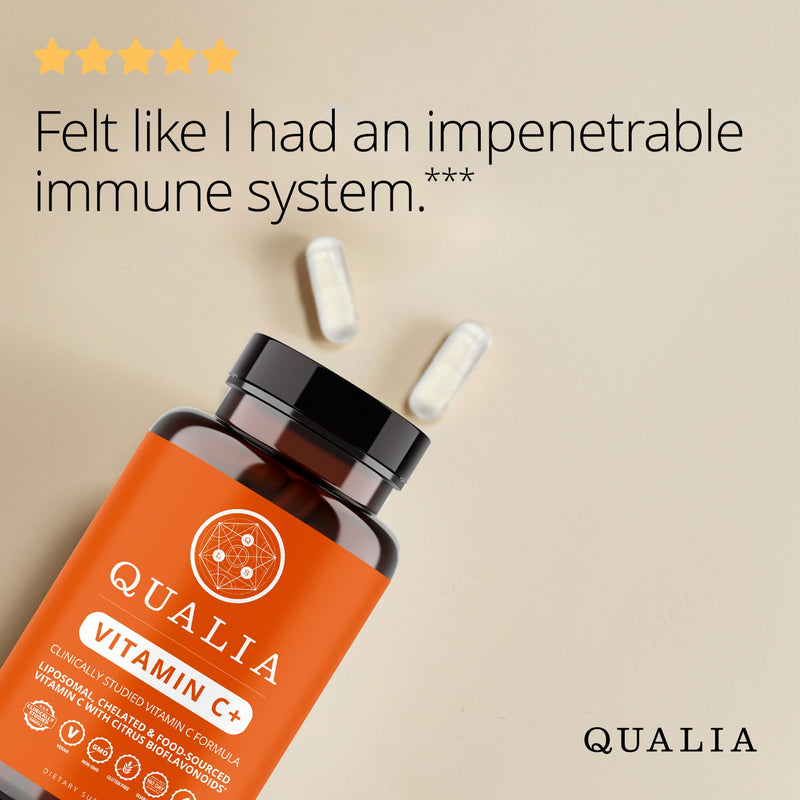 Qualia Vitamin C+ | Clinically Studied, Doctor Formulated | 7 High-Absorption Forms Including Liposomal PureWay-C®, Chelated & Food-Sourced with Citrus Bioflavonoids, Zinc, & Rose Hips | 500 mg 56 Count (Pack of 1)