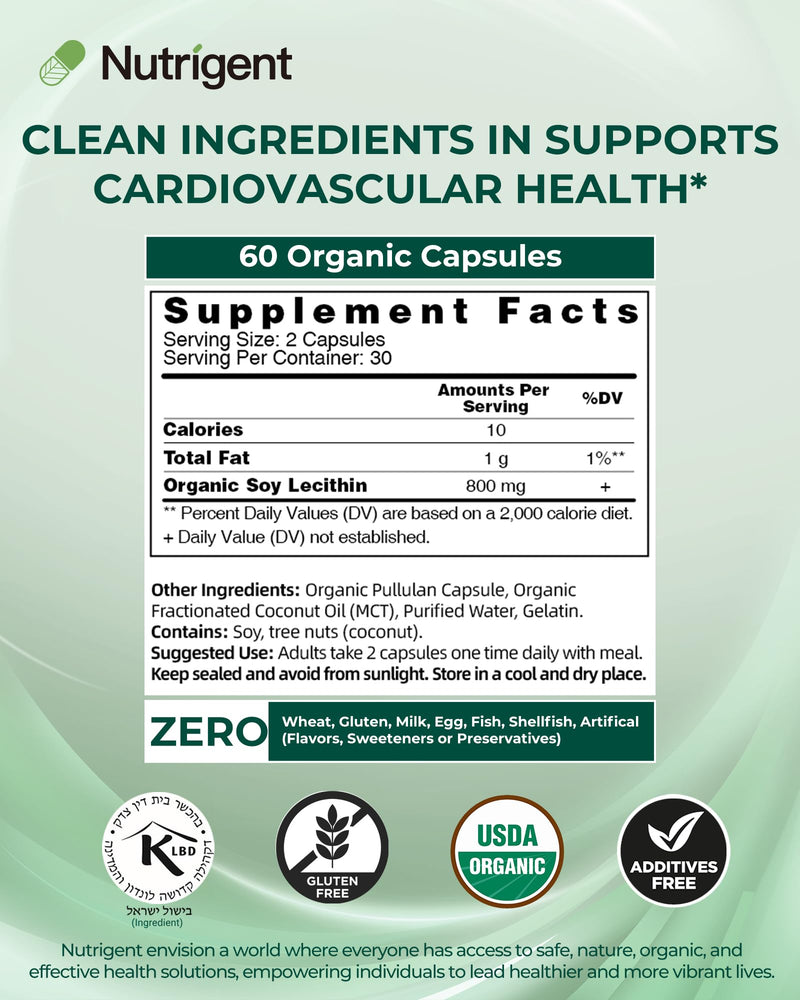 [Australia] - USDA Organic Soy Lecithin Supplement 800 mg, High Absorption Liquid Organic Capsules, Choline Lecithin Supplement for Brain & Liver Health Support, Non-GMO, Gluten Free, 60 Count 1 