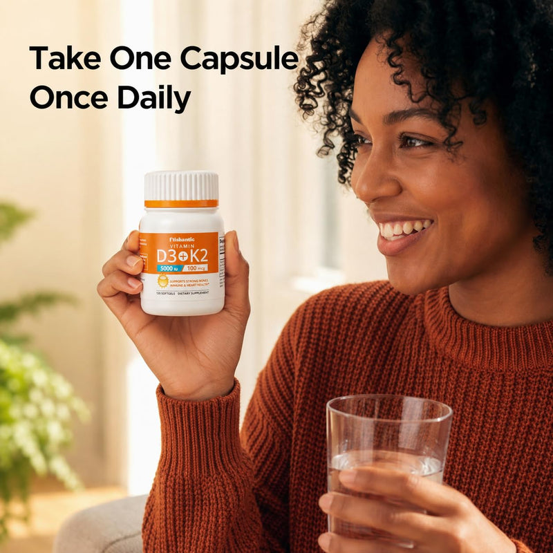Vitamin D3 K2 5000IU, Bone & Immune Support, 120 Softgels | MK-7 100mcg for Calcium Directing, Easy-Swallow, Sunflower Seed Oil, 13-Allergen Free, Non-GMO, 4-Month Supply Vitamin D3 5000 IU