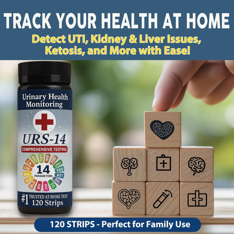 [Australia] - URS Urine Reagent Test Strip for 14 Parameters Urinalysis - Self Testing at Home in 60 Seconds for Men and Women PH, SG, Prot, KET, BLO, BIL, CRE, Kidney, Liver, UTI, Keto Diet, Ketosis, and +7 More 