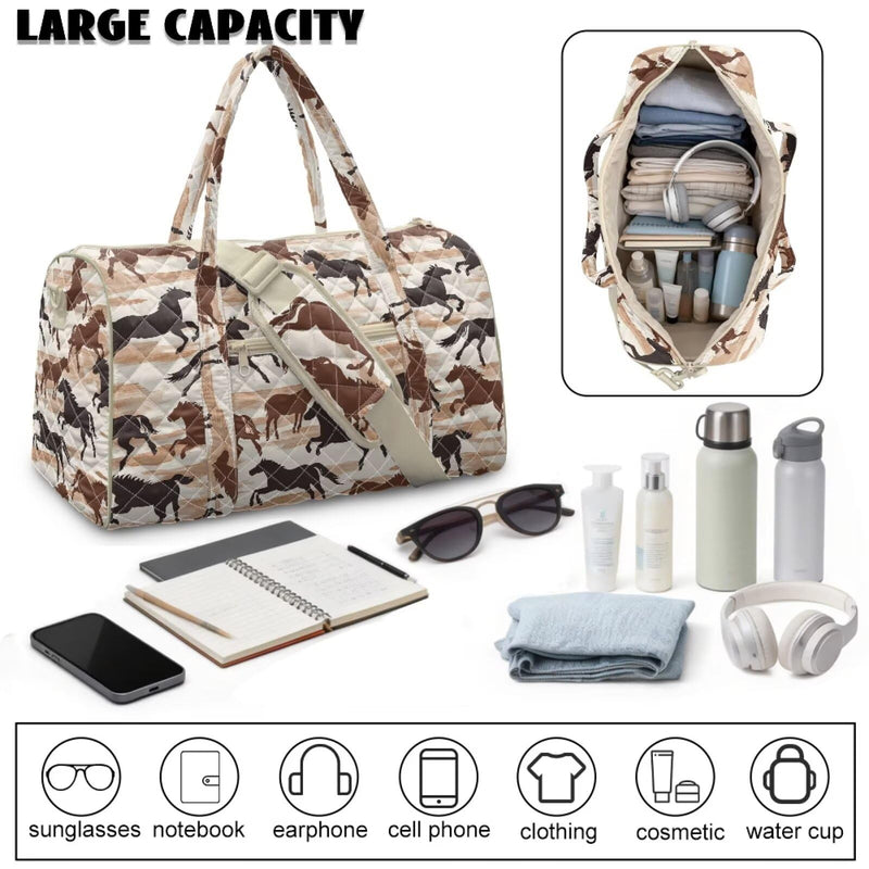 Horse Design Large Men Women Travel Duffle Bag, Quilted Carry on Bags with Adjustable Straps for Overnight Weekend Yoga Gym Business Trips and Sport Horse Design