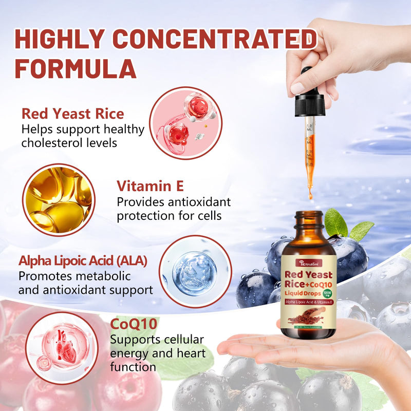 [Australia] - Red Yeast Rice with Coq10 Drops, Organic Red Yeast Rice 1200mg with Alpha Lipoic Acid for Cholesterol Support, CoQ10 100mg for Heart Health Support - 2 oz, Citrinin Free 