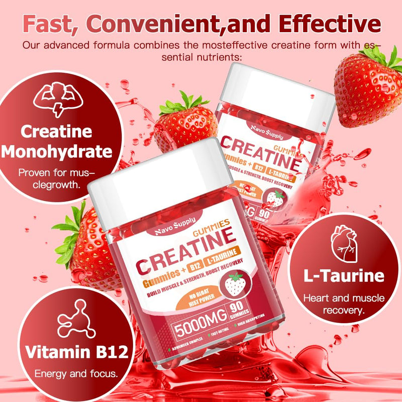 Creatine Monohydrate 5000mg Gummies - Sugar Free Muscle Support Supplement with Electrolytes & Vitamin D3 | Strawberry Flavour Chewable Creatine for Athletes & Fitness Flavor:strawberry 90 count (Pack of 1)