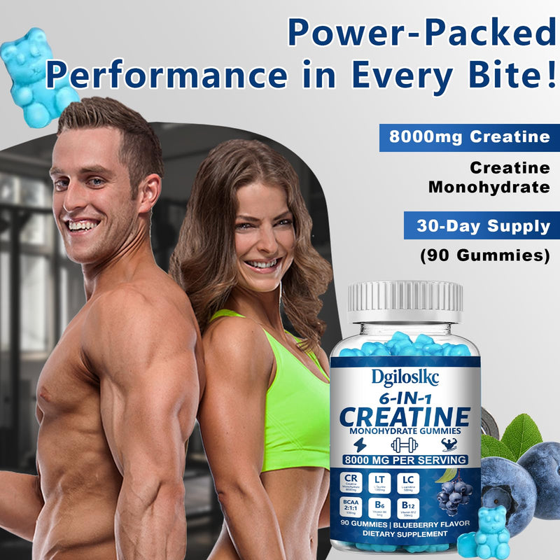 1 Pack 8000MG Creatine Monohydrate Gummies with 500mg BCAAs for Men & Women, L-Taurine, Vitamin B6 12, Workout Gym Support for Performance and Muscle Power, Powder Tablets Blueberry, 90ct