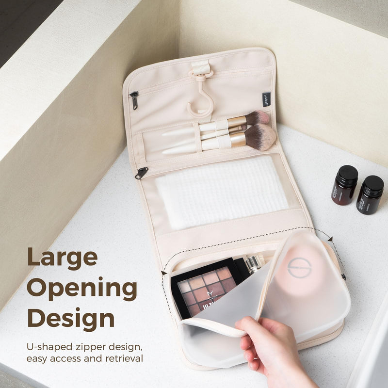 pack all Hanging Travel Toiletry Bag, Compact Size, Coated Knitted Fabric | Water-Resistant, Wet & Dry Separation, 360° Swivel Hook, Multiple Compartments, Stores Toiletries & Accessories, Light Beige