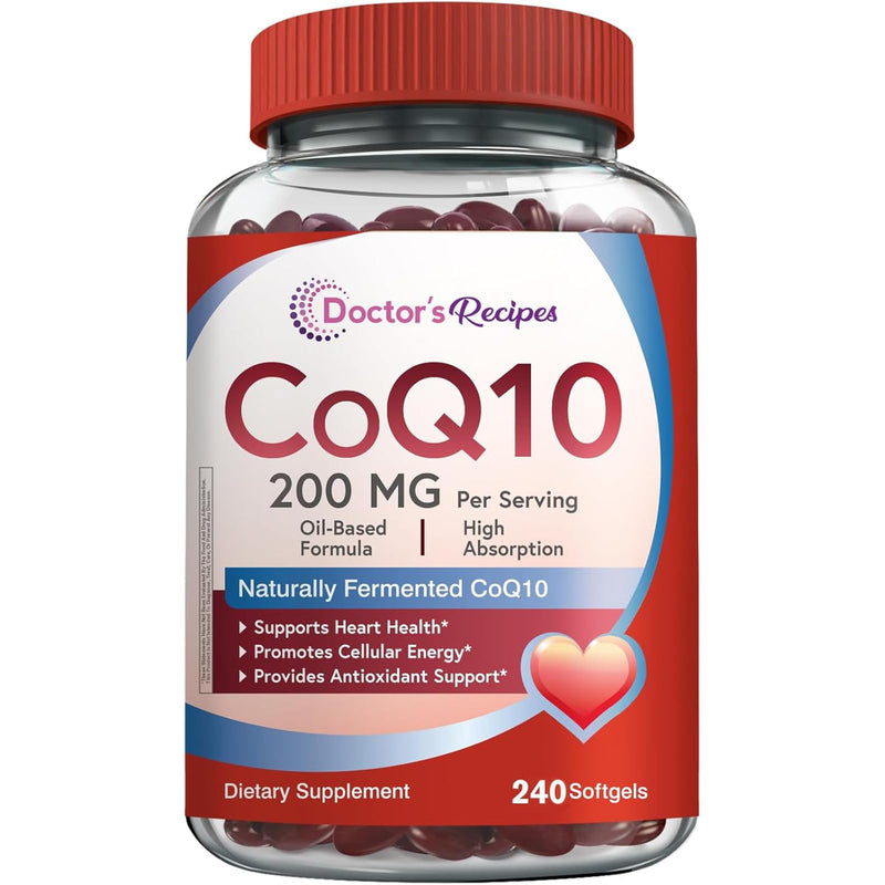 [Australia] - Doctor's Recipes CoQ10 200mg Per Serving, High Absorption Coenzyme Q10 Supplement with Olive Oil, Heart & Vascular Health, Energy Production & Antioxidant Support, 4 Month Supply, 240 Softgels 240 Count (Pack of 1) 