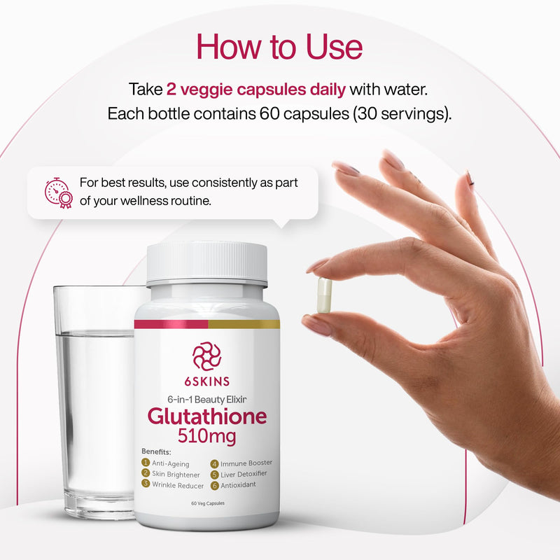 6in1 Beauty Elixir with L-Glutathione 510mg, NAC 102mg, Hyaluronic Acid 150mg Glutathione Supplement with 4X Absorption - Immune and Liver Support, Powerful Antioxidant for Skin - 60 Capsules