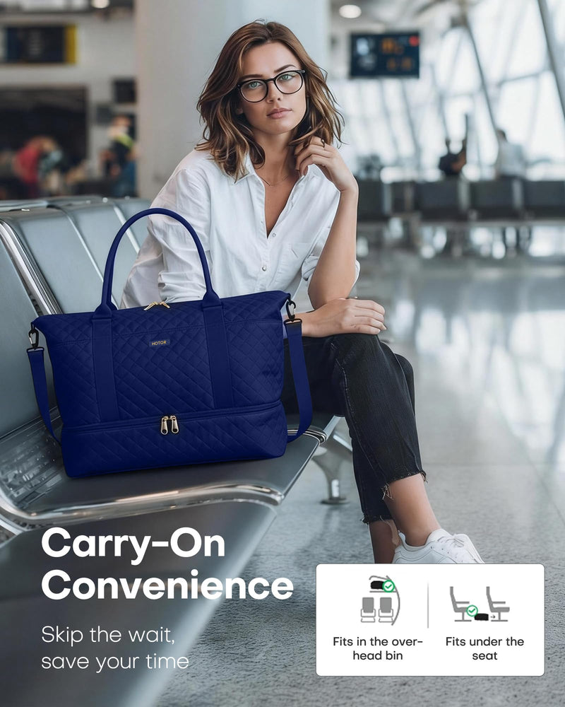 HOTOR Travel Duffel Bag - Weekender Bags for Women, Carry On Gym Tote Bags | with Toiletry Bag & Shoe Compartment, Overnight Bag for Travel Essentials, Travel Accessories, Dark Blue, 15.8"×18.1"×8.7" 15.8"×18.1"×8.7"