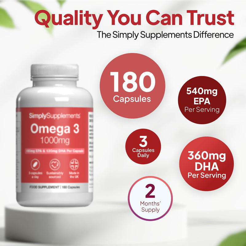Pure Omega 3 1000mg Capsules | Supports Heart, Brain & Eye Health | Rich in Omega 3 Fatty Acids | 540mg of EPA and 360mg of DHA per Serving | 180 Capsules = 2 Months’ Supply | Made in The UK Unflavoured 1 count (pack of 180)