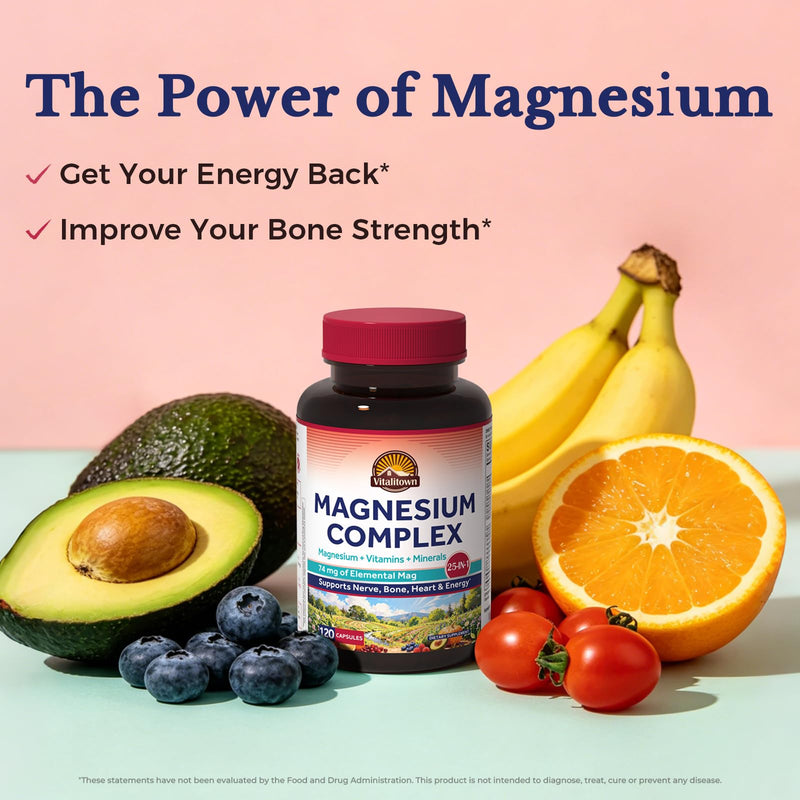 Vitalitown 25-in-1 Magnesium Complex, 74mg, Magnesium Glycinate, Malate, Taurate, Vitamin C, D3, K2, B Complex, Gentle & High Absorption, Non-GMO, 120 Capsules 120 Count (Pack of 1)