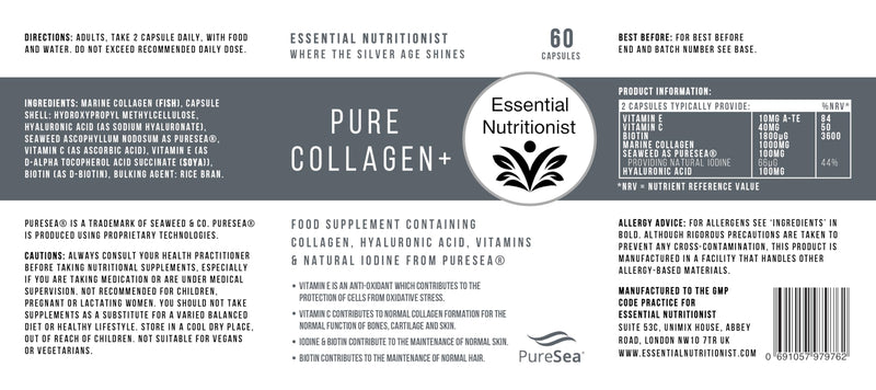 Pure Collagen+ Capsules – Marine Collagen with Vitamin C, Hyaluronic Acid, Iodine & Biotin – 60 Capsules