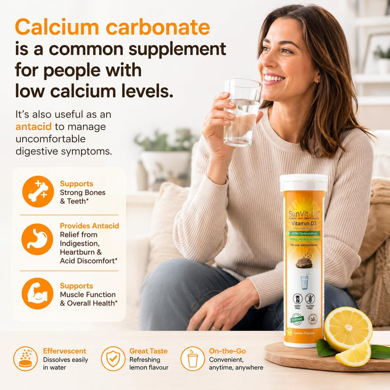 Sunvit-D3 Dissolvable Effervescent Lemon Calcium Fizzy Tablets 600mg, with Vitamin D3 400IU Daily Support for Strong Bones & Immune Health, Effervescent Calcium and Vitamin D Tablets 14 X 4 Tubes