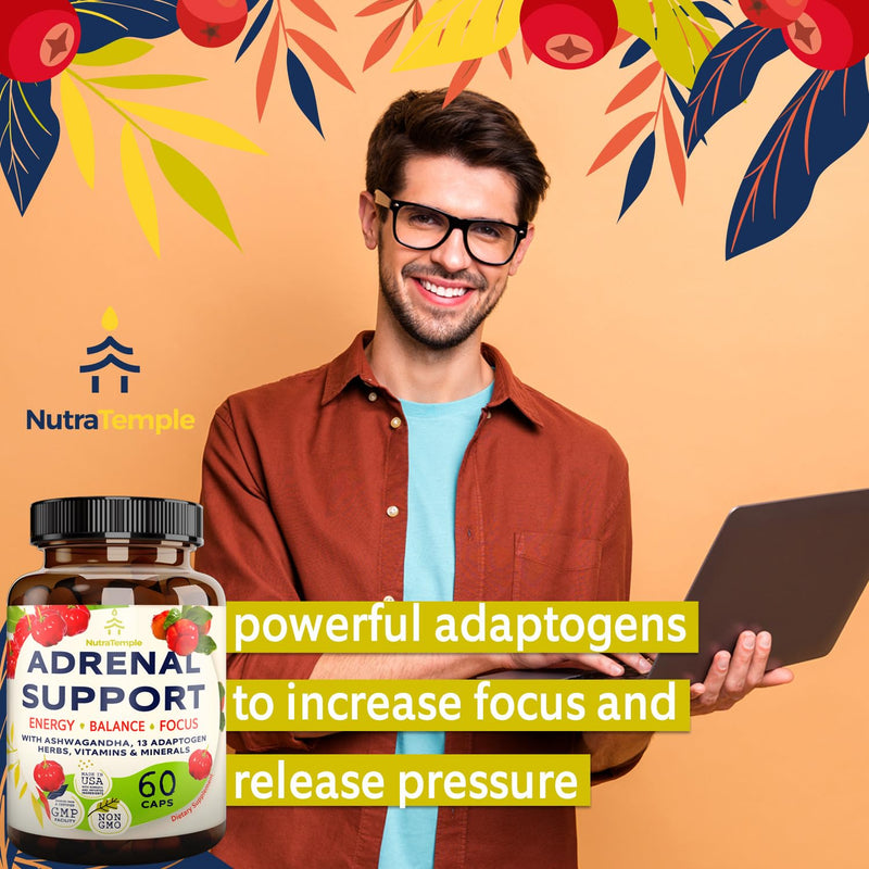 [Australia] - Adrenal Support & Cortisol Manager – Extra Strength Adrenal Fatigue Supplements for Energy, Brain Fog with Ashwagandha, Rhodiola Rosea, L Thyrosine, Holy Basil – 60 NON GMO Pills 