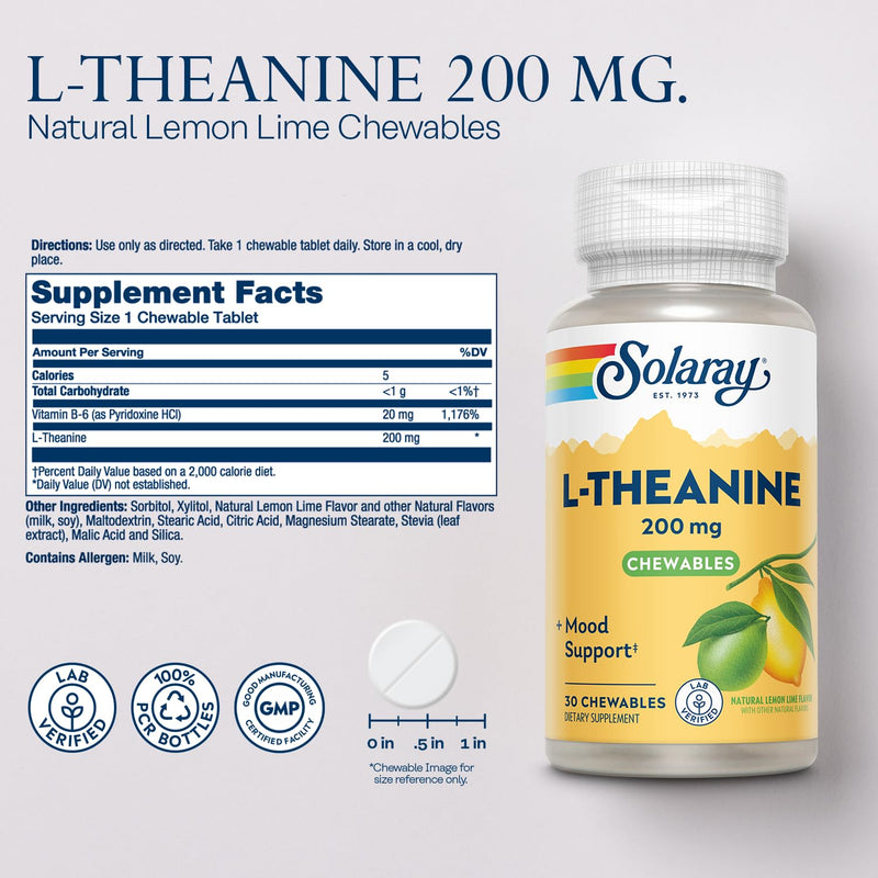 SOLARAY L Theanine 200mg, Mood Support Supplement with Vitamin B6 - Calming Support During Occasional Stress - Natural Lemon Lime Flavor - 60-Day Guarantee, Lab Verified - 30 Servings, 30 Chewables 30 Count (Pack of 1)