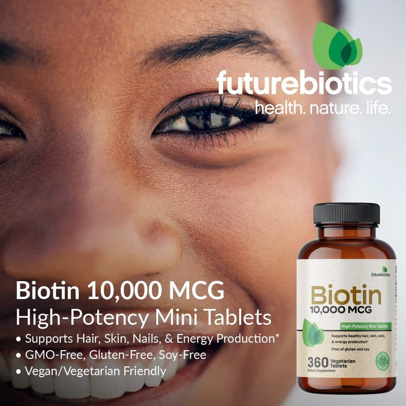 Futurebiotics Biotin 10,000 mcg Hair, Skin & Nails, 360 Vegetarian Tablets | Mini Tablets, Energy Production Support, Vegan, Non-GMO, Gluten-Free & Soy-Free 360 Count (Pack of 1)