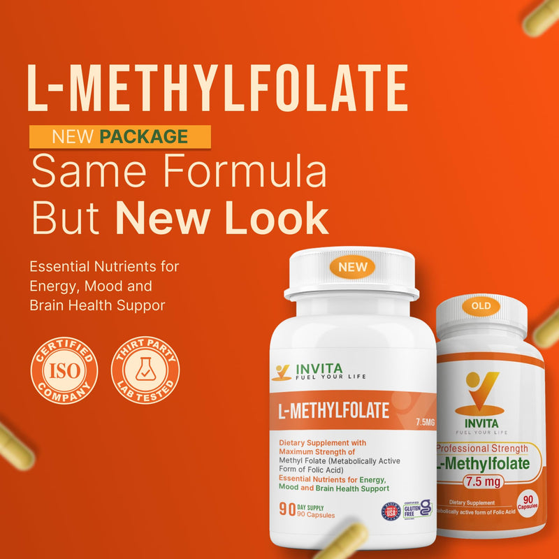 INVITA L-Methylfolate 7.5mg – Physician Formulated Active Methyl Folate - 5-MTHF Supplement for Energy, Mood & Brain Health Support - Non GMO, Gluten Free, 90 Capsules (3 Month Supply) 7.5 mg