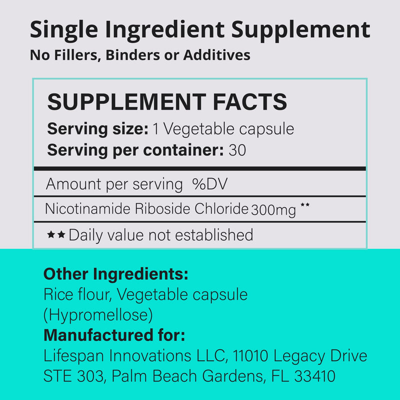Lifespan Innovations Pure NR Nicotinamide Riboside 300mg - Single Ingredient Supplement - Supports NAD⁺ Levels, Cellular Energy & Healthy Aging. No Fillers or Binders. 30 Capsules, Glass Bottle 300MG - 30 Count