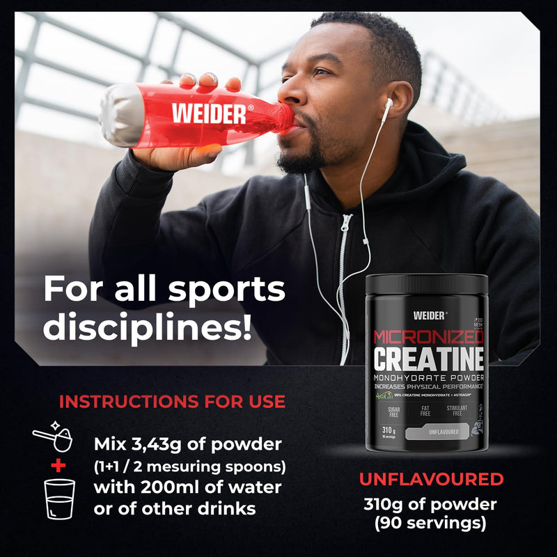 Weider Micronized Creatine Monohydrate Powder (310g) UnFlavoured, 99% Creatine Monohydrate 200 Mesh Ultrafine with AstraGin, No Sugar, No Fat, Vegan, Increases Physical Performance (90 Servings)