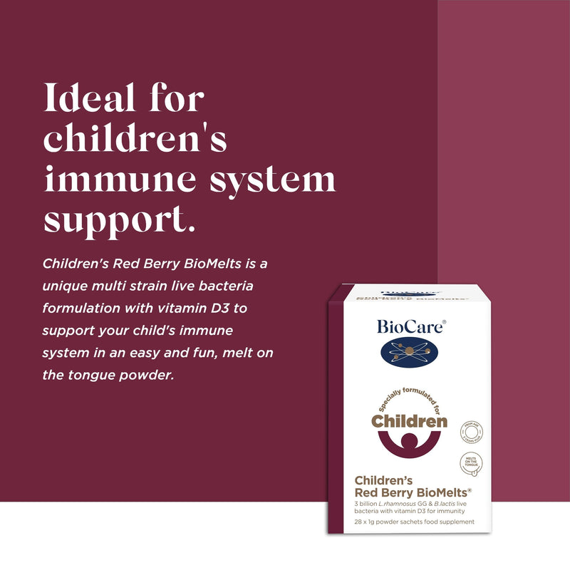 BioCare Children's Red Berry BioMelts - Live Bacteria & Vitamin D3 for Immune Support - 28 Sachets