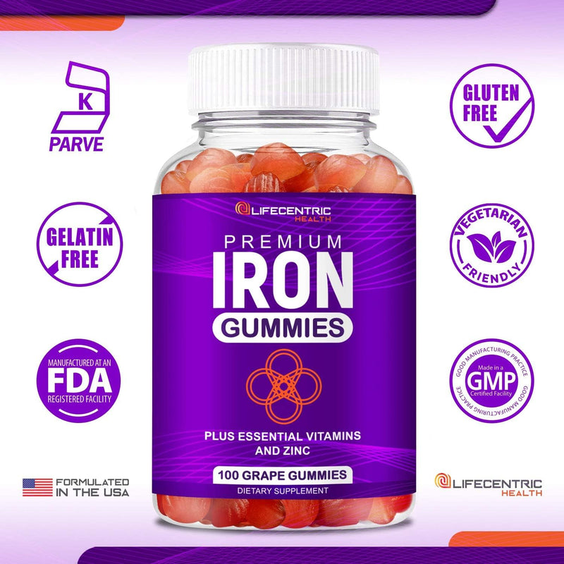 [Australia] - LifeCentricHealth Iron Gummies for Adults & Kids | Biotin Zinc Vitamin B Folic Acid Gummies | Vegan Gluten Free Blood Builder Anemia Supplements | Tasty Energy Boosting Iron Supplement for Women & Men 