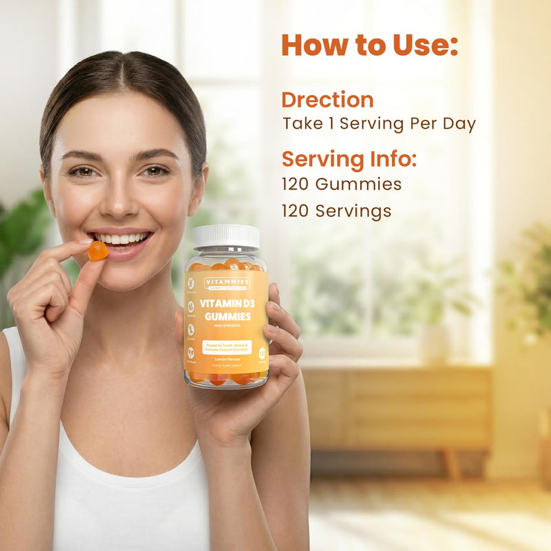 Vitammies Vegan Vitamin D3 Gummies 4000 IU | High Strength Vitamin D Chewable Gummy | 4 Month Supply | Vegetarian | Gluten-Free | Non-GMO | 120 Count | Lemon Flavour | Vitamin D Gummies for Adults Vitamin D3 Gummies 4000IU