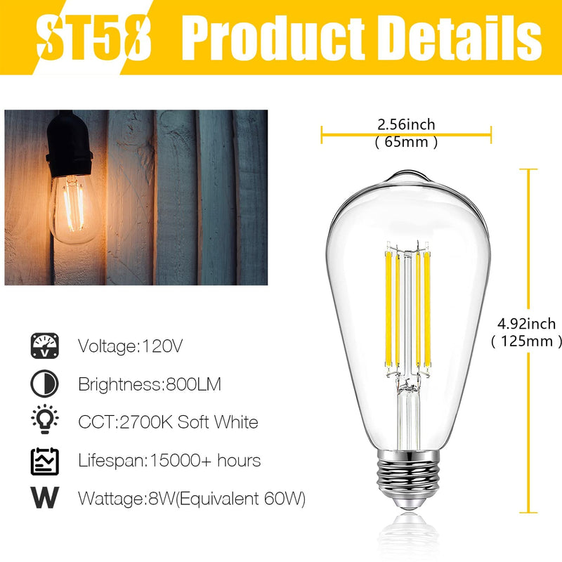 [Australia] - DAYBETTER 4 Pack Vintage LED Edison Bulbs, E26 Led Bulb 60W Equivalent, Dimmable Led Light Bulbs, High Brightness 800 LM Warm White 2700K, ST58 Antique LED Filament Bulbs, Clear Glass Style for Home 