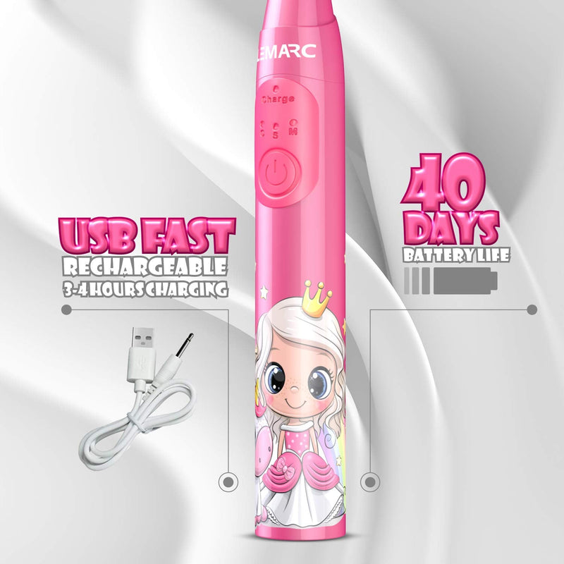 [Australia] - Supersonic Kids Electric Toothbrush 8 Dupont Brush Heads, USB Rechargeable, Vibration Speed Control Plus Massage Mode, 2 Min Timer, Waterproof, for Age 3+ Pink 