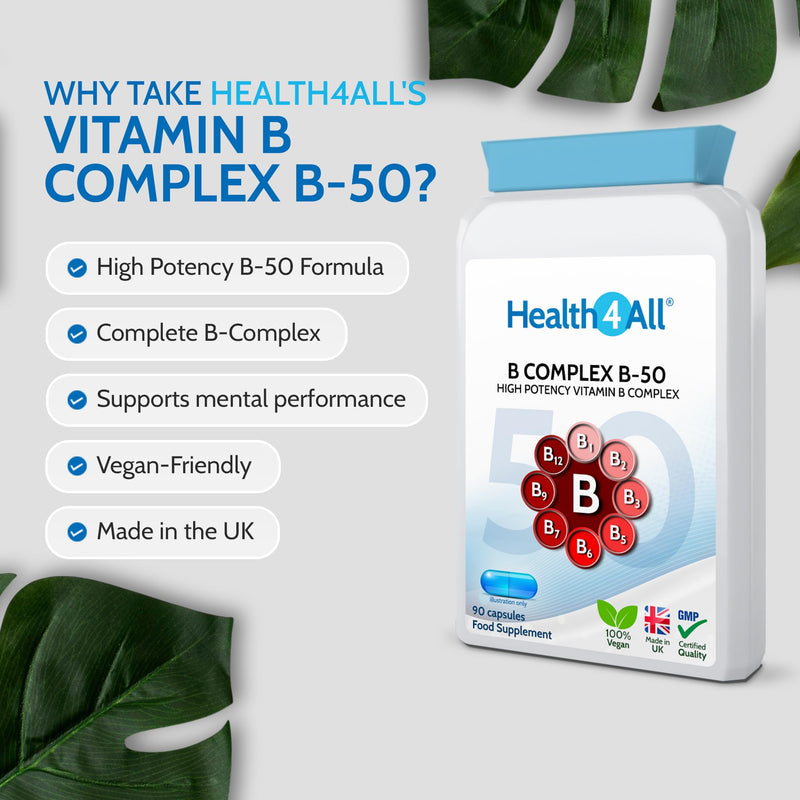 Health4All Vitamin B Complex B-50 90 Capsules, 3 Months Supply, High Potency Vegan B-Complex with PABA | Support Cognitive Functions, Energy, Tiredness & Fatigue | Made in UK (not Tablets) 90 count (Pack of 1)