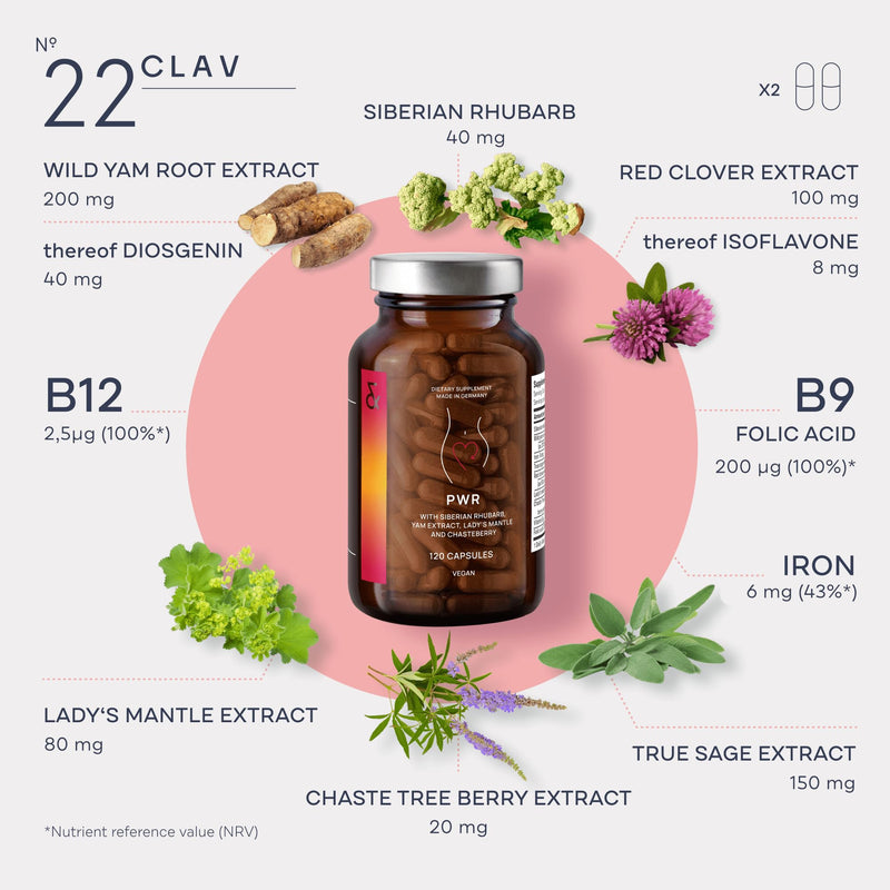 CLAV N°22 Power for Women with Wild Yam, Maca, Vitex Agnus-Castus & Siberian Rhubarb + Iron, B12 & Folic Acid - 120 Vegan Capsules - 60 Days Supply - Vegan