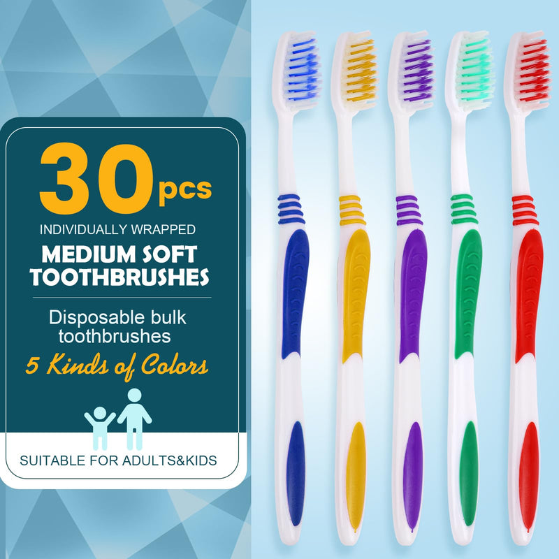 [Australia] - Navona 30 PCS Premium Individually Wrapped Bulk Toothbrush Pack, Disposable Toothbrushes, Kids Toothbrush, Medium Soft Bristle Toothbrushes, Ergonomics Handle, Perfect for Travel Hotel Donation 