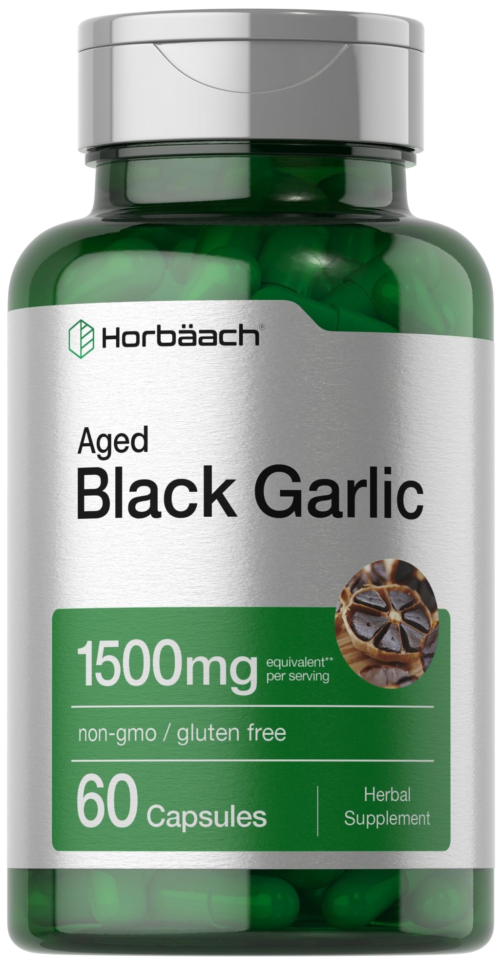 Horbäach Aged Black Garlic Capsules 1500mg | 60 Count | Fermented Extract Supplement | Non-GMO, Gluten Free