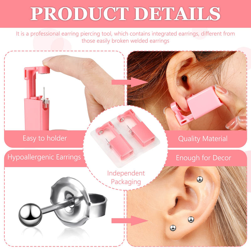 6 Pieces Ear Piercing Gun Kit Disposable Nose Piercer Self Ear Pierce Kit with Pierced Earrings Portable Piercing Kit Household Body Piercing Tools with Studs for Men Women (Bead Style, Pink) Bead Style