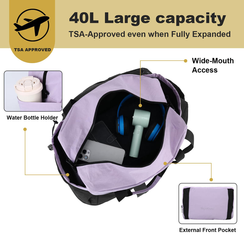 Foldable & Expandable Personal Item Travel Bag,Purple | Waterproof ,Wet-Dry Compartment ,Luggage Sleeve,Detachable Crossbody Strap,Carry on Bag,Weekender Bag,Women,Gym,Overnight Bag Purple