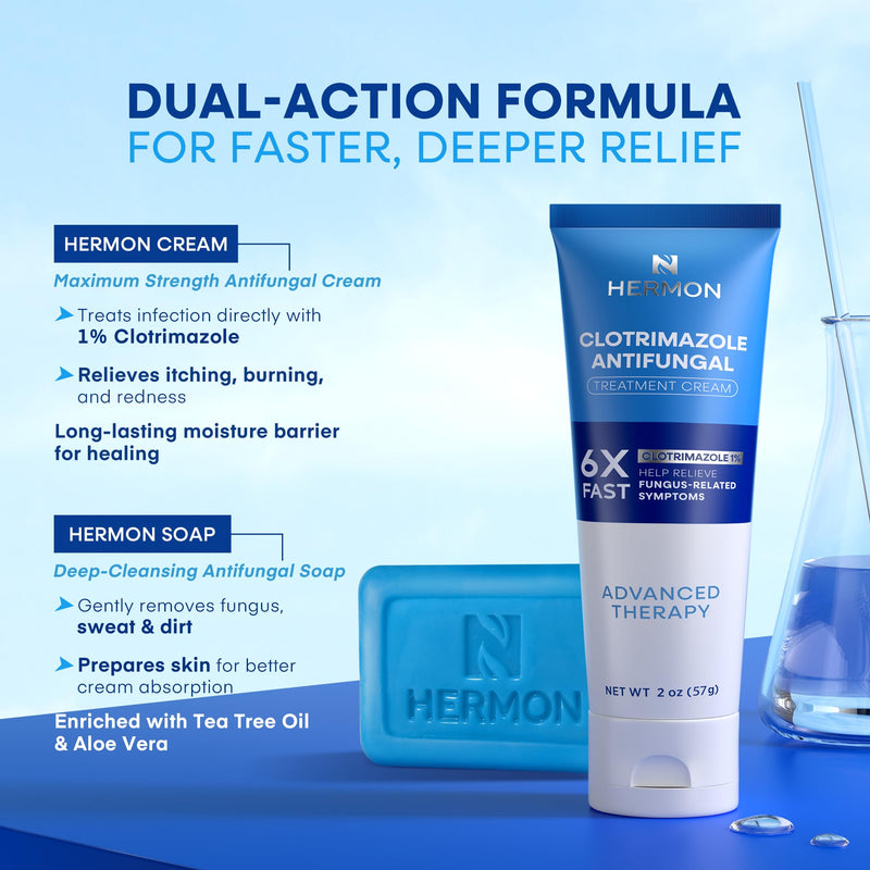 [Australia] - Hermon Clotrimazole Antifungal Treatment Cream & Soap Kit: Antifungal Cream for Athletes Foot, Jock Itch, Ringworm with Anti Fungal Soap - Relieves Itching Burning Cracking - 57g Tube / 113g Bar 