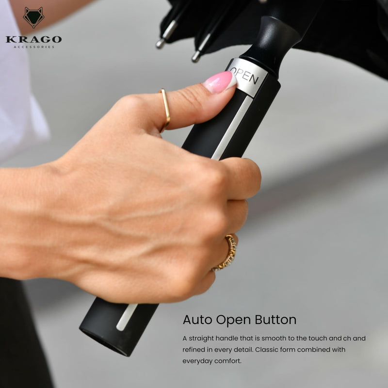 KRAGO Travel Umbrella - Large 55 Inch Windproof Golf Stick Umbrella | Umbrella for Rain - Auto Open Fiberglass Frame Straight Umbrella with Stylish Plastic Handle - Big for Men and Women Black with Silver