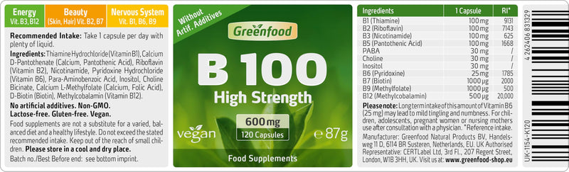 B-Complex 100, Extra high dose, 120 Capsules - All Vitamins of The B Group. Without Artificial additives. Without Genetic Engineering. Gluten-Free. Lactose-Free. Vegan.
