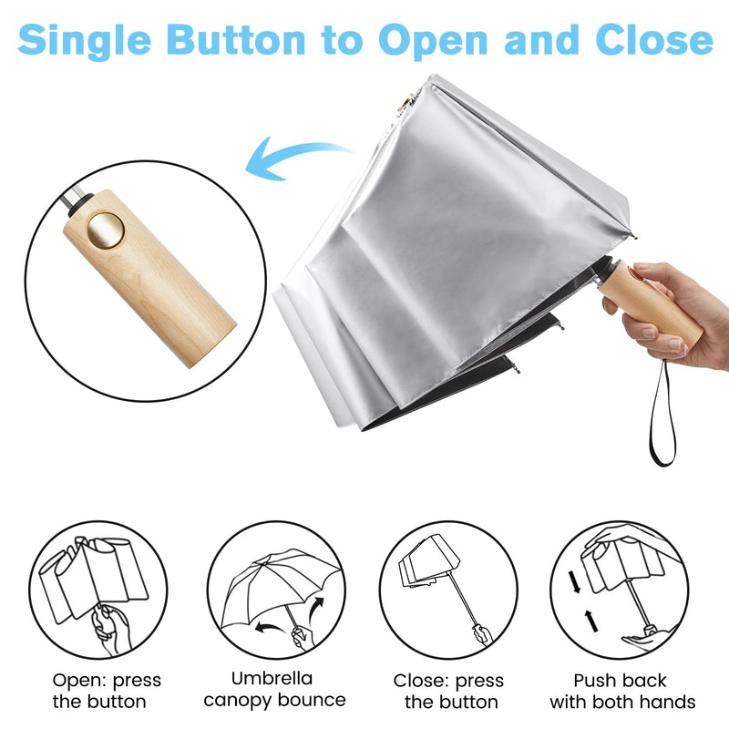 G4Free Windproof Travel Umbrella with Large Wooden Handle, UV Sun Protection & Rain Umbrella Automatic Open And Close Compact 46" Large Canopy with UPF 50+
