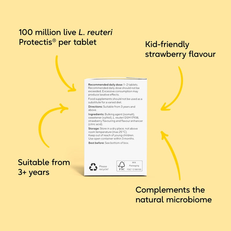 BioGaia Protectis Kids Tablets | 30 Chewable Probiotic Supplements with 100 Million Live L. Reuteri | Gut Health and Comfort | Digestive System Support for Children - Strawberry Flavour 30 count (Pack of 1)