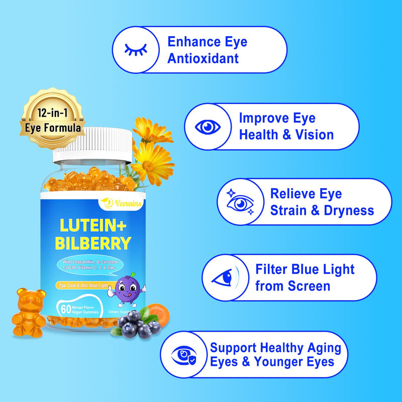 20mg Lutein & Zeaxanthin Gummies with Bilberry, Astaxanthin, Omega 3, Vitamin C, E - Sugar Free Eye Health Supplement for Adults & Kids - Dry Eye Relief, Vision Clarity, Macular Support Mango 60 Count (Pack of 2)