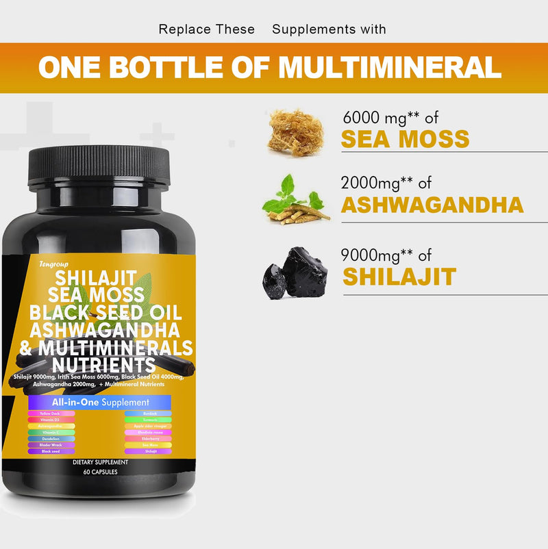 [Australia] - Shilajit 9000mg Sea Moss 6000mg Black Seed Oil 4000mg Ashwagandha 2000mg Burdock 1000mg & Vitamin C & D3 with Elderberry rhodiola rosea Dandelion Yellow Dock Turmeric ACV 
