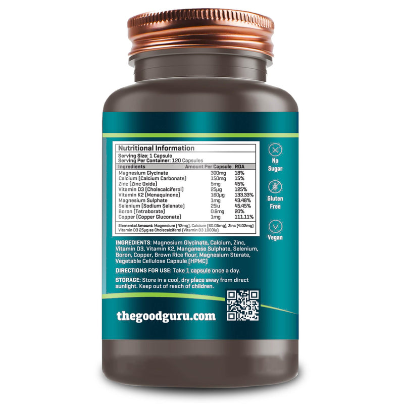 Magnesium Glycinate 300mg Capsules – 9-in-1 Magnesium Supplement with Zinc, Calcium, Copper, Boron Glycinate D3, K2 | Bone & Muscle Support Magnesium Glycinate Capsule - 120 Capsules - The Good Guru