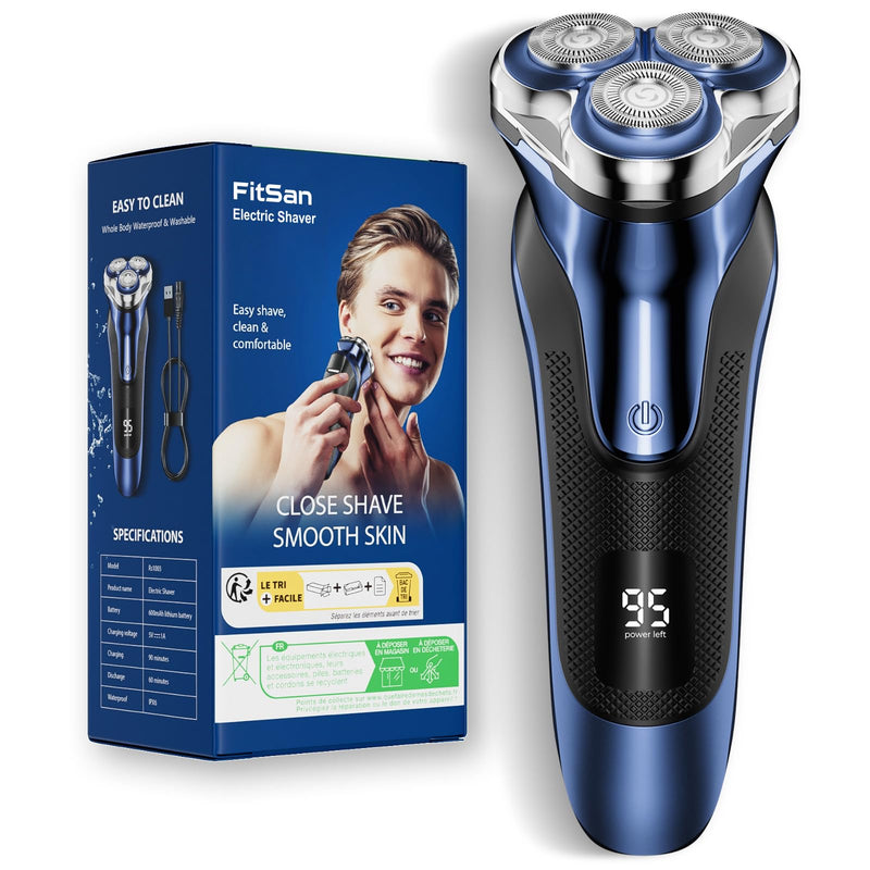 [Australia] - Men's Electric Shaver, FitSan Retractable Beard Trimmer, Electric Wet and Dry Shaver, Men's Shaver with Travel Lock, Waterproof, Blue LED Display 