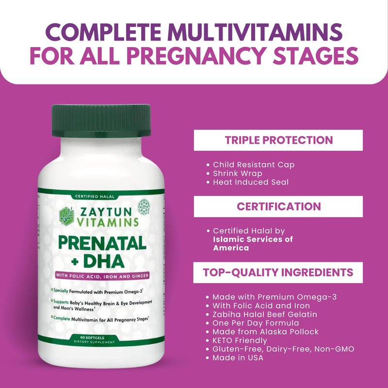 Zaytun Vitamins Halal Prenatal Vitamins + DHA, Folic Acid Iron, Ginger for Soothing, One Daily, for All Pregnancy Stages, Gluten Free, Non-GMO, 60 Softgels, 2 Months Supply, USA Made, Halal Vitamins 60 Count (Pack of 1)