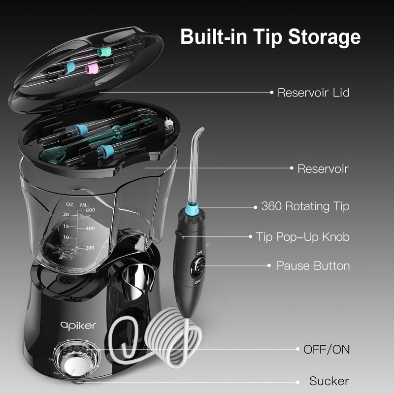 [Australia] - Apiker electric oral irrigator for dental cleaning between teeth, professional water flosser with stepless water pressure adjustment, 600 ml water tank, 8 different functional nozzles - black, elegant black 