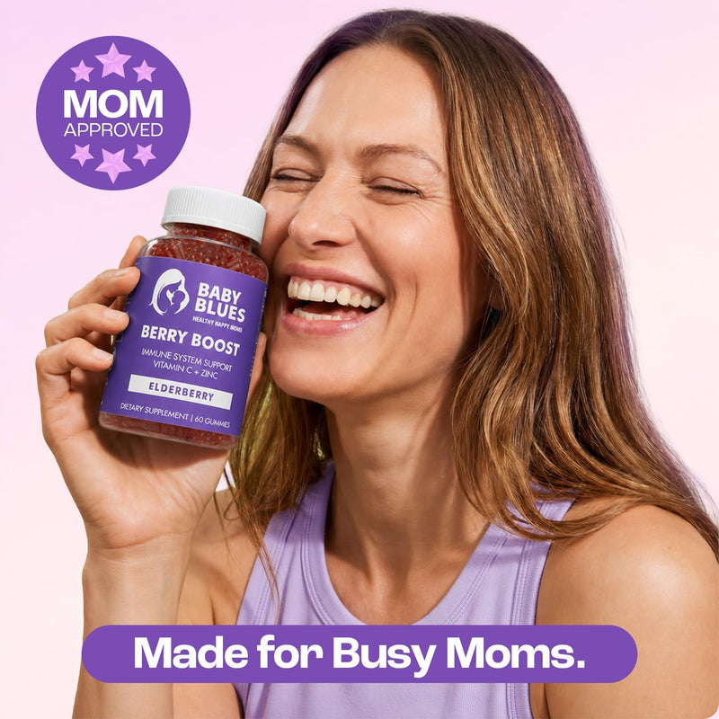 Baby Blues Berry Boost Elderberry Gummies for Women, Postnatal Immune Support with Vitamin C and Zinc for Moms, Postpartum and Breastfeeding, Dark Cherry, Vegan, 60 Count