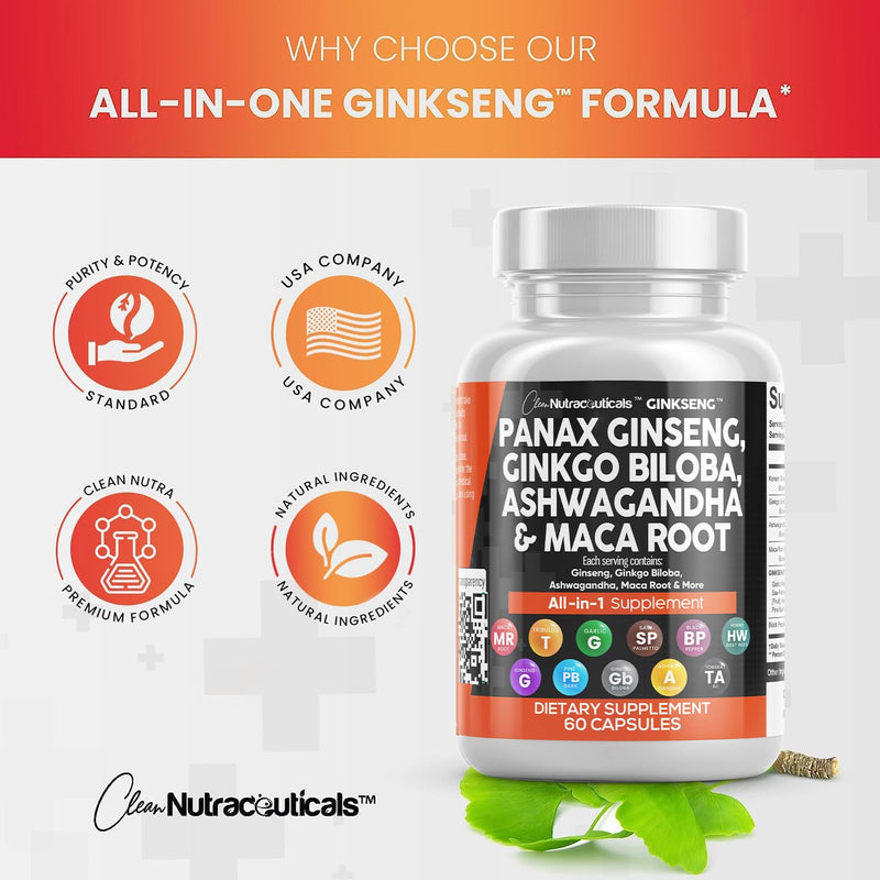 [Australia] - Clean Nutraceuticals Panax Ginseng 10000mg Ginkgo Biloba 4000mg Ashwagandha Maca Root 3000mg - Focus Supplement Pills for Women and Men with Pine Bark Extract, Garlic, and Saw Palmetto - 60 Caps 