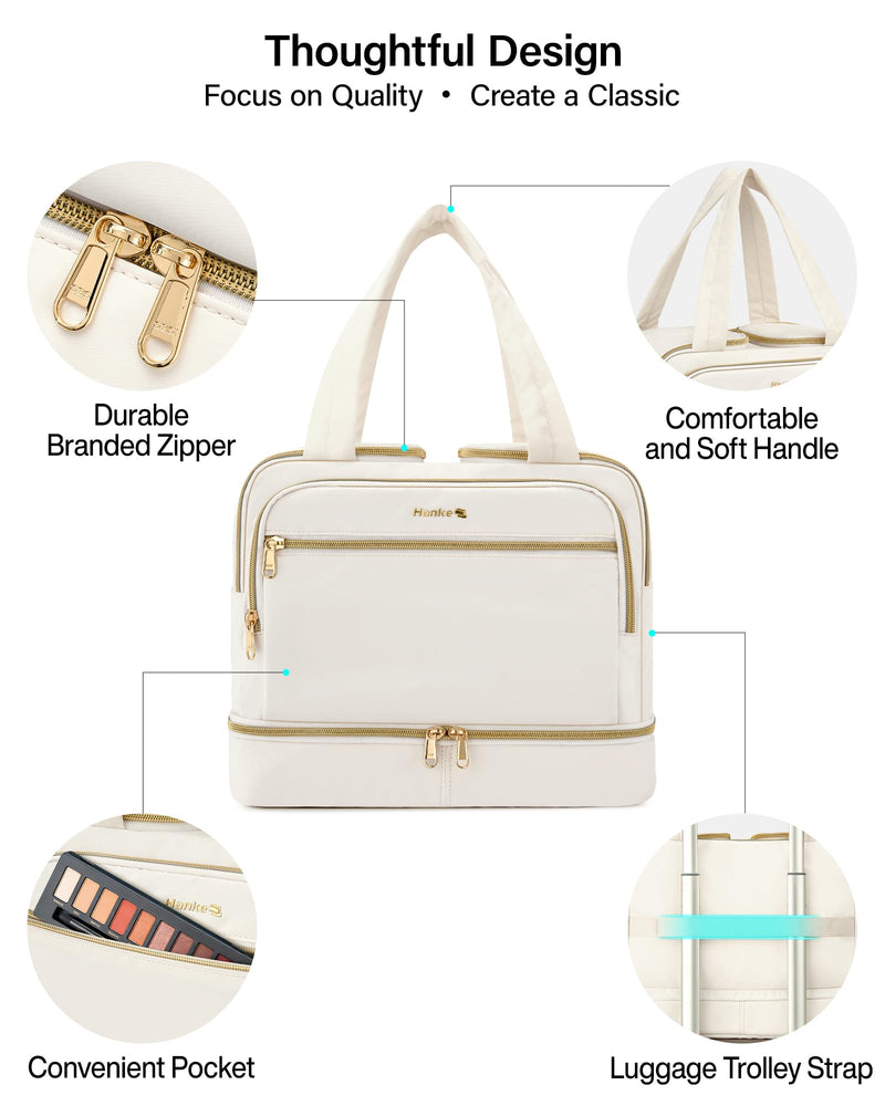 Hanke Travel Toiletry Bag, Lightweight Wide-open Large Toiletry Bags for Women, Dual-Layer Makeup Bag Water-Resistant Cosmetic Travel Bag with Handle for Accessories, Essentials, Off White