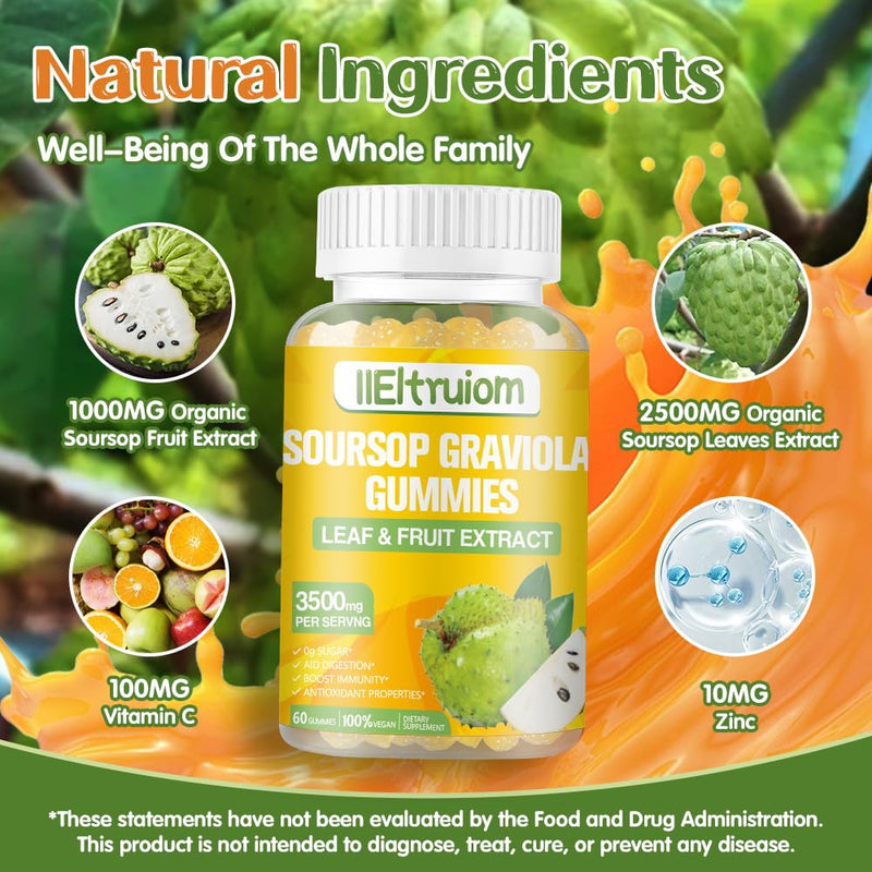 Soursop Gummies for Adults, Organic Soursop Leaves and Fruit Extract with Vitamin C, Zinc, 3500mg Soursop Graviola for Immunity, Digestive Aid & Antioxidant Boost, Sugar/Gluten Free(30 Servings)
