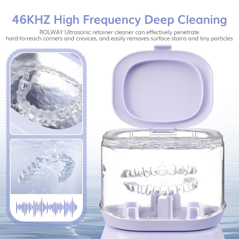 [Australia] - ROLWAY Retainer Cleaner,46kHz 220ML Ultrasonic Retainer Cleaner with One Touch Control, Deep Cleaning for Mouth Guard, Braces, Invisible Aligners, Dentures, Jewelry (Purple) Purple 